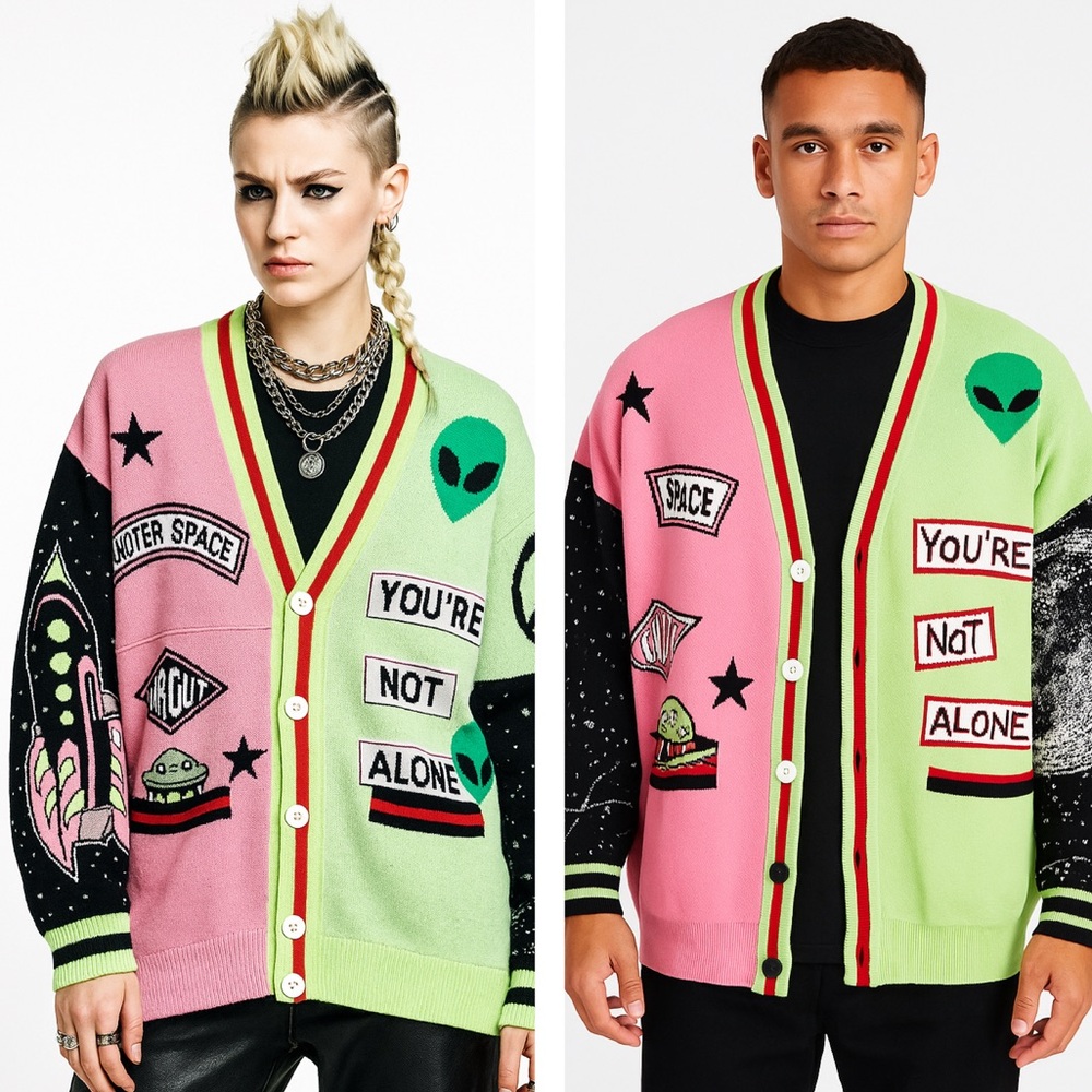 SPIRIT JERSEY Unisex Out Of This World Alien Galaxy Print Sweater Cardigan M